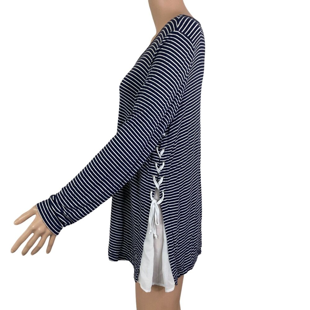 Bobeau Shirt Womens Large Black White Striped Side Lace Up Stretch - Picture 7 of 8